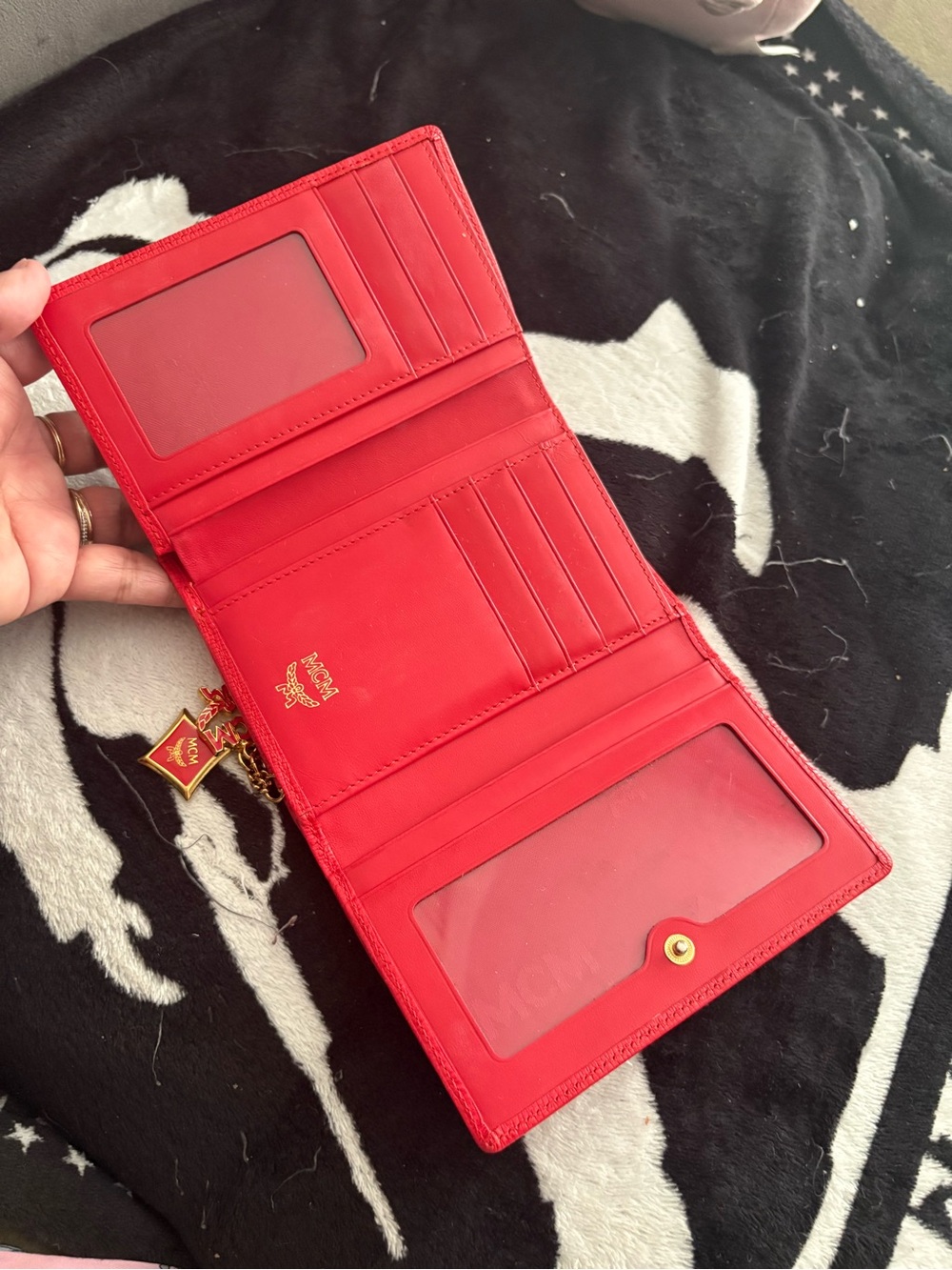 MCM Red Leather Fold Wallet with Gold Logo Accents - Picture 5 of 8